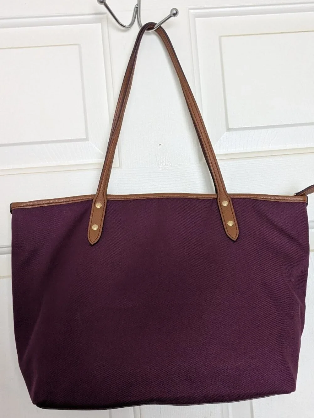 Coach Sawyer Plum Canvas & Leather Tote Bag Gold Hardware Charm Purple .